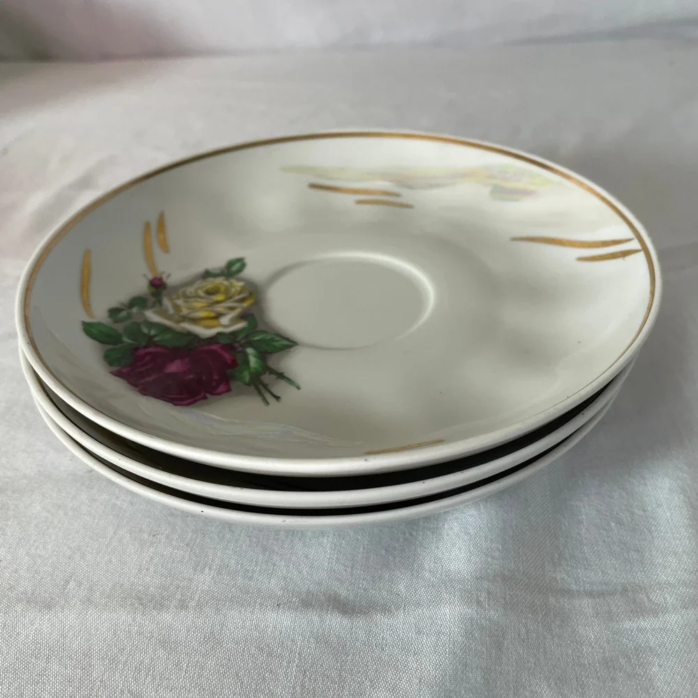 Vintage‎ USSR Porcelain Saucers Floral Rose Gold Accent Set of 3